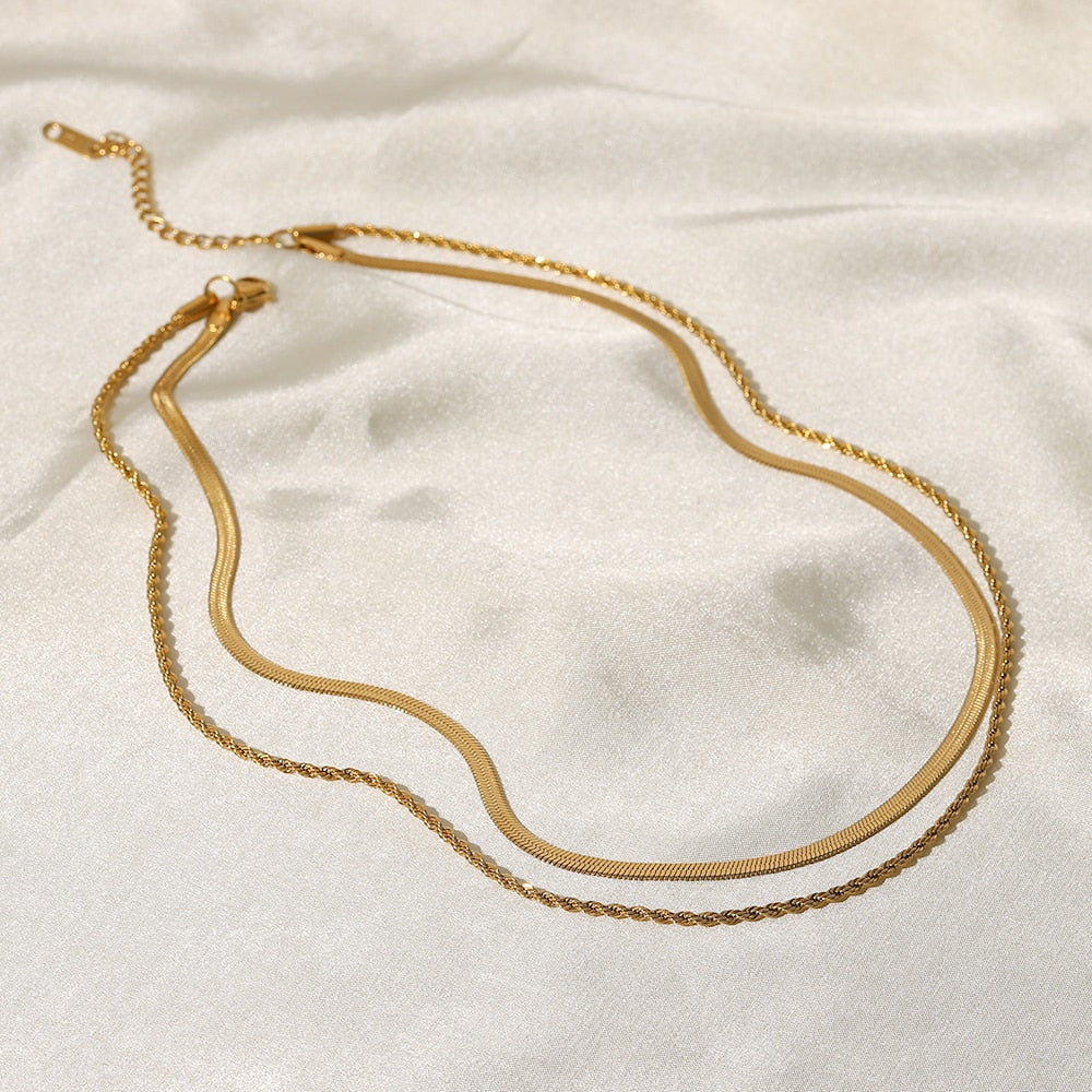 Colar Duplo Malha + Cordão Baiano Banhado a Ouro 18K