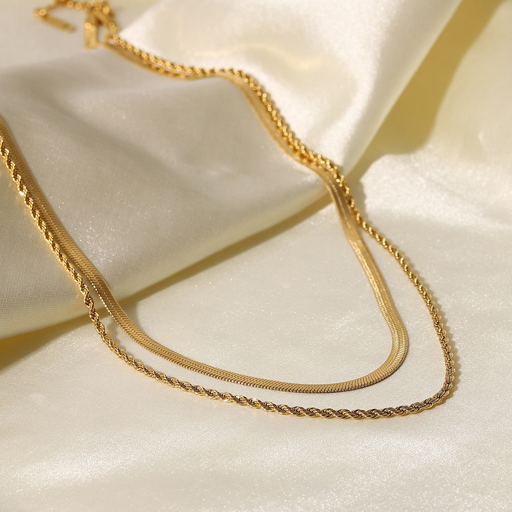 Colar Duplo Malha + Cordão Baiano Banhado a Ouro 18K