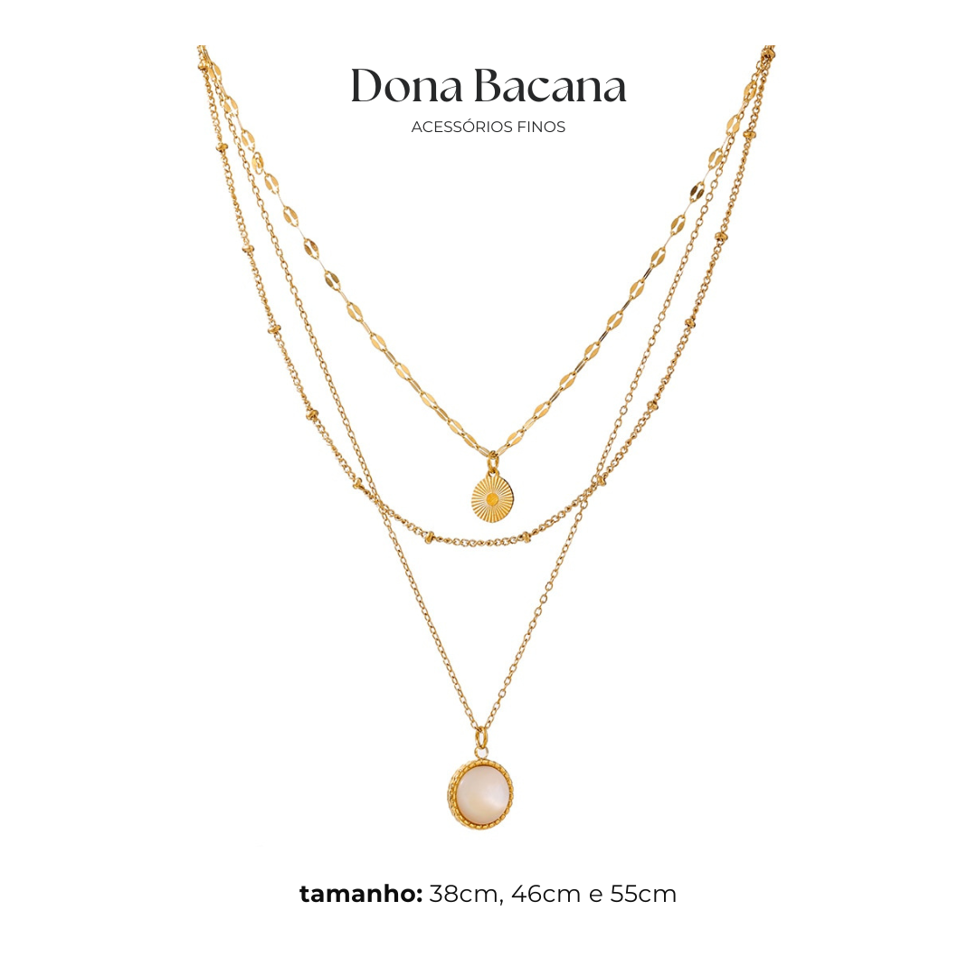 Colar Triplo com Pendente Pérola Banhado a Ouro 18K