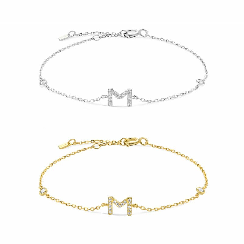 Pulseira com Letra em Zircônia em Prata 925 + Banho de Ouro 18k