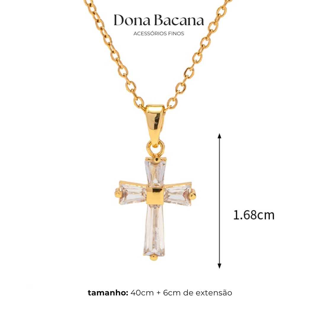 Colar Fé Cruz com Zircônia Baguete Banhado a Ouro 18K | Coleção Verona