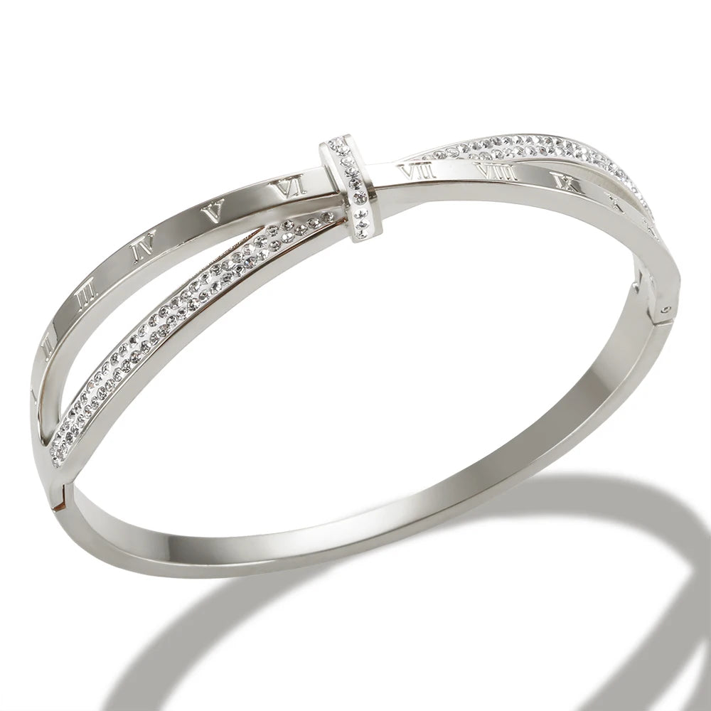 Pulseira Bracelete com Números Romano e Zircônia Banhado em Ouro 18K