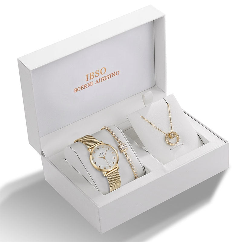 Kit Relógio Feminino Quartz + Pulseira marca IBSO + COLAR GRÁTIS (BRINDE) - Dona bacana