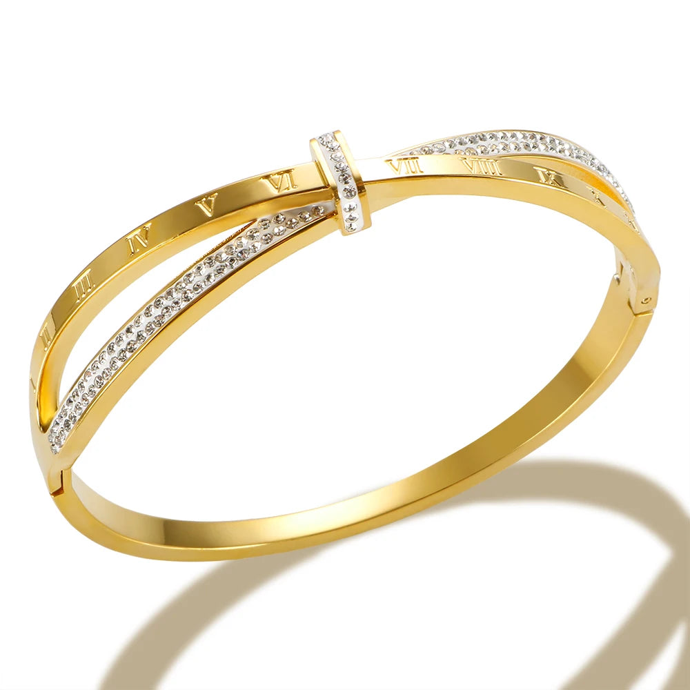 Pulseira Bracelete com Números Romano e Zircônia Banhado em Ouro 18K